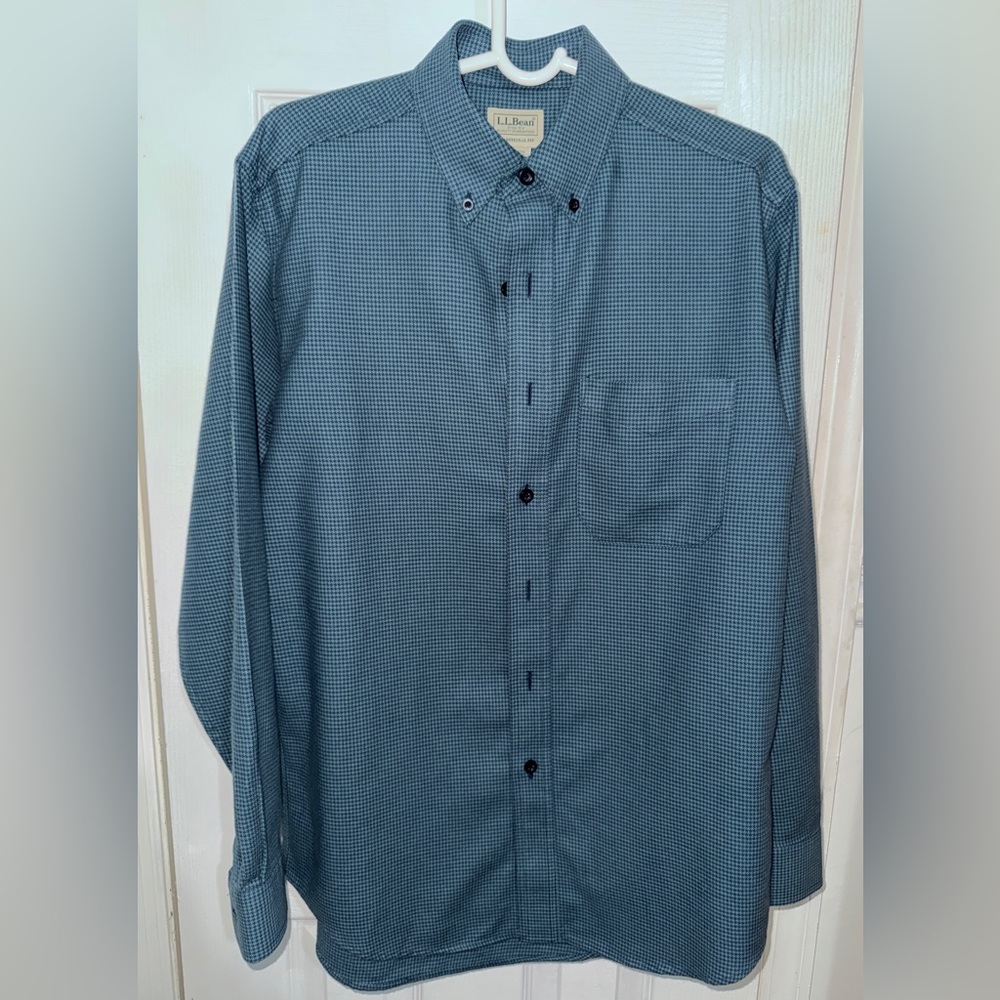 LL Bean Traditional Fit Long Sleeve Flannel Shirt Blue Houndstooth